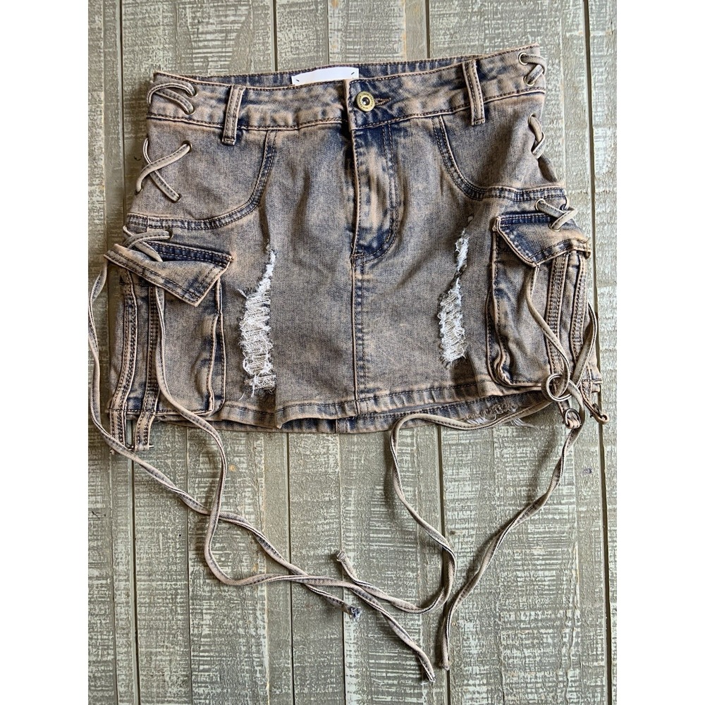 Immodel Denim Distressed Cargo Pocket Jean Skirt Women's Size Small Chico Tassle